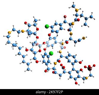 3D Bild der Telavancin-Skelettformel - molekulare chemische Struktur des bakteriziden Lipoglycopeptids auf weißem Hintergrund isoliert Stockfoto