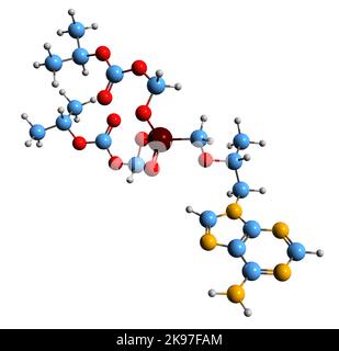 3D Bild der Skelettformel Tenofovir disoproxil - molekularchemische Struktur des Hepatitis-B-Medikaments auf weißem Hintergrund isoliert Stockfoto