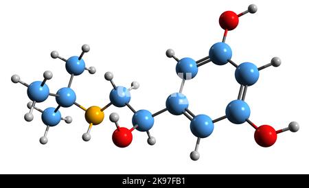 3D Bild der Skelettformel von Terbutalin - molekulare chemische Struktur von beta2 adrenergen Rezeptoragonisten isoliert auf weißem Hintergrund Stockfoto