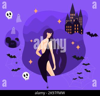 Frau in einem schwarzen Kleid steht in der Nacht. Die Berge sind um das Schloss herum. Friedhof mit Geistern. Spinnen bauen Netze. Fledermäuse fliegen herum. Stockfoto