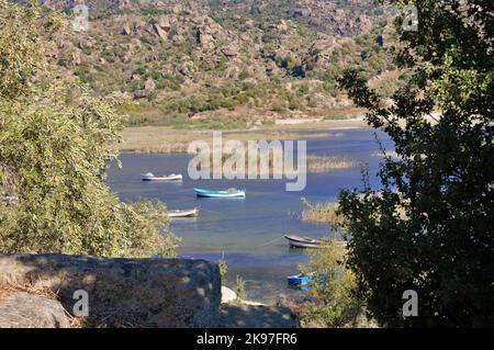 Fischerboote vertäut am Ufer des Bafa See in der Türkei. Stockfoto