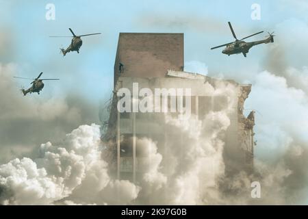 Militärhubschrauber greifen großes Gebäude an. Ukraine, Rußlandkrieg, Israel, Gaza, Naher Osten, palästinensisches Konfliktkonzept/zusammengesetztes Bild Stockfoto