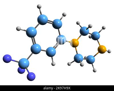 3D Bild der Skelettformel 3-Trifluormethylphenylpiperazin - molekularchemische Struktur des Freizeitmedikaments TFMPP isoliert auf weißem Hintergrund Stockfoto