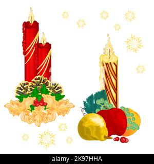 Weihnachtskerzenlichter mit Tannenzapfen und heiligen und verschiedenen Obst vintage Vektor Illustration editierbare Handzeichnungen Stock Vektor