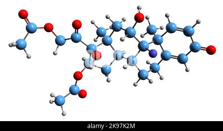 3D Bild der Skelettformel von Triamcinolon-Diacetat - molekularchemische Struktur eines synthetischen Glucocorticoid-Kortikosteroids, isoliert auf weißem Hintergrund Stockfoto
