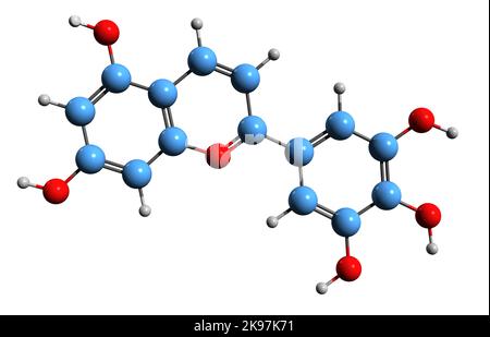 3D Bild der Skelettformel von Tricetinidin - molekulare chemische Struktur der rot gefärbten chemischen Verbindung, isoliert auf weißem Hintergrund Stockfoto