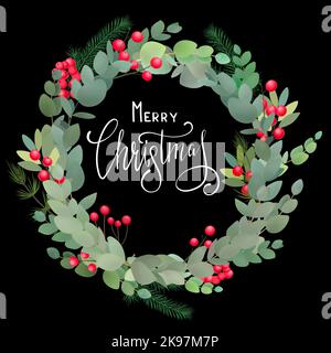 Frohe Weihnachten Handschrift Schrift Schriftzug. Weihnachtskarte mit Stechpalme. Stockfoto