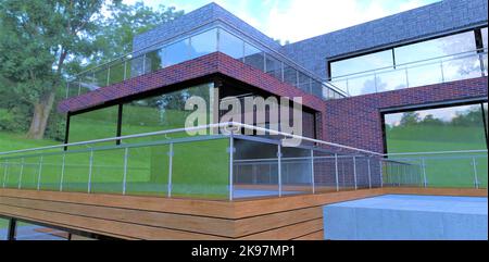 Terrasse auf drei Ebenen. Kombinierter Wandschmuck. Fassadenplatte, rot-blaue Ziegel und Schiefer. Geländer aus Glas und Metall. Gute Idee für Exterieur-Designer. 3D r Stockfoto