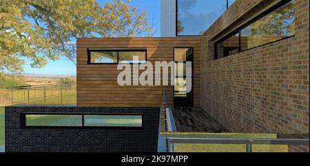 Das moderne Landhausbalkon-Design. Glaszaun. Die Wandbearbeitungen sind alte Ziegel und Holz. Die Terrasse befindet sich auf dem Boden. Spiegeltür. 3D rende Stockfoto