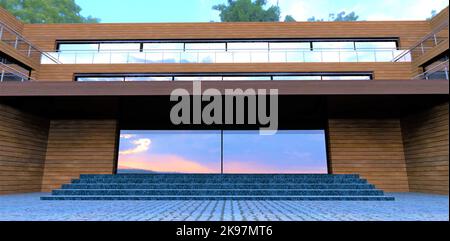 Der Haupteingang zu einem luxuriösen Gebäude, das mit Holz dekoriert ist. Terrasse entlang der gesamten Fassade. Fencing aus Glas und Metall. Verspiegelte Schiebetüren. 3D RE Stockfoto