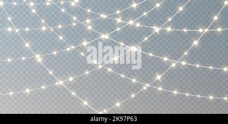 Weihnachtslichter auf transparentem Hintergrund isoliert. Set aus goldenen, weihnachtlich leuchtenden Girlanden. Vektorgrafik. Stock Vektor