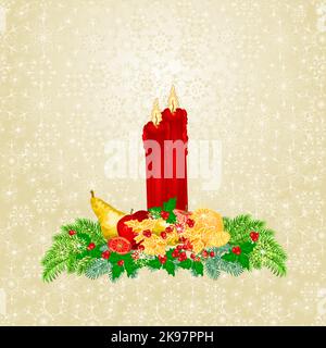 Weihnachtskerzenlichter mit Obst und Fichte vintage Vektor Illustration editierbare Handzeichnungen Stock Vektor