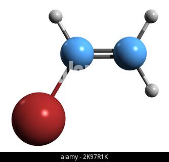 3D Aufnahme von Vinyl-Bromid-Skelettformel - molekularchemische Struktur von 1-Bromoethen isoliert auf weißem Hintergrund Stockfoto