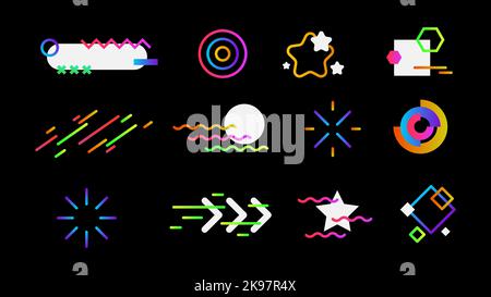 Set abstrakter Social Media Sticker Illustrationen. Kreise, Linien, Sterne und Pfeile. Geometrische Gradient Neon Bunte Formen auf schwarzem Hintergrund für deine Geschichten, Beiträge, Banner und Grafikdesign. Vektorgrafik Stock Vektor