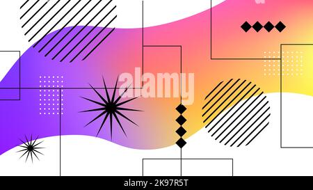 Moderne Abstrakte Hintergrunddarstellung. Violett-gelbe, gradient gewellte Linie mit geometrischen Formen von Kreisen, Sternen und Quadraten auf weißem Hintergrund. Hintergrund für Social Media, Branding, Grafikdesign, Banner, Poster. Vektorgrafik Stock Vektor