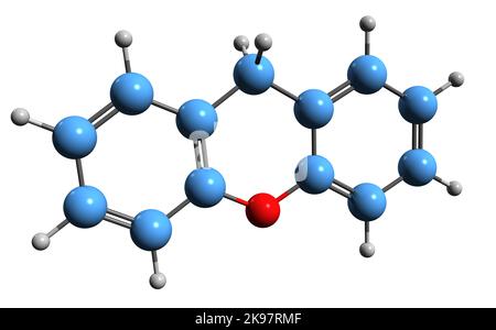 3D Bild der Skelettformel von Xanthen - molekulare chemische Struktur von 10H-9-Oxaanthracen auf weißem Hintergrund isoliert Stockfoto