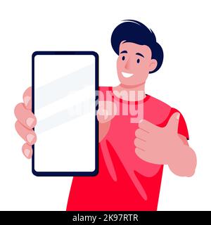 Der junge Mann hält seinen Daumen hoch und zeigt einen leeren Bildschirm des Smartphones. Vektor flache Cartoon Figur Illustration isoliert auf weißem Hintergrund. Modup-Desi Stock Vektor
