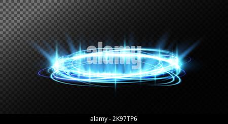 Magische Portale in der Nachtszene. Blaue runde Hologramme mit Lichtstrahlen und Funkeln. Glühender, futuristischer Teleportunnel mit Kopierraum auf Schwarz Stock Vektor