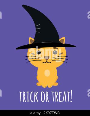 Vektor flache halloween Katze mit Hexenhut mit Schriftzug isoliert auf weißem Hintergrund Stock Vektor
