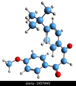 3D Bild der Avobenzone-Skelettformel - molekulare chemische Struktur von spf-Butylmethoxydibenzoylmethan auf weißem Hintergrund isoliert Stockfoto