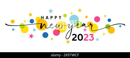 Frohes neues Jahr 2023 Grußbanner mit wirbelfarbenem Band und farbigen Sternen. Kreatives Konzept der 20 23 Happy New Year Kalligraphie für Poster oder Banner Stock Vektor