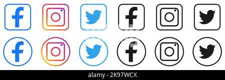 Symbole für die Social-Media-Linie. Logos von Facebook, Instagram und Twitter. Redaktionelle Vektorgrafik Stock Vektor