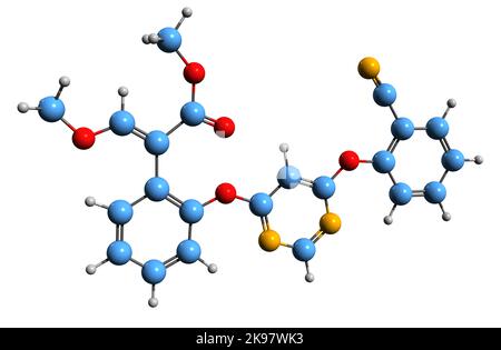 3D Bild der Skelettformel von Azoxystrobin - molekulare chemische Struktur des Fungizids auf weißem Hintergrund isoliert Stockfoto