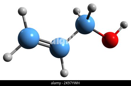 3D Bild der Skelettformel von Allyl-Alkohol - molekularchemische Struktur von Vinyl-Carbinol isoliert auf weißem Hintergrund Stockfoto