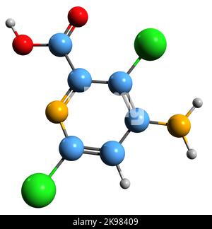 3D Bild der Skelettformel der Aminopyralide - molekulare chemische Struktur des selektiven Herbizids, isoliert auf weißem Hintergrund Stockfoto