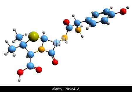 3D Bild der Skelettformel von Amoxicillin - molekularchemische Struktur von antibiotischen Medikamenten auf weißem Hintergrund isoliert Stockfoto