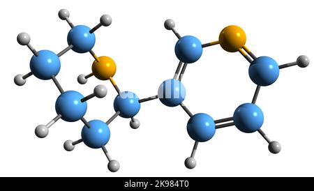 3D Bild der Skelettformel von Anabasine - molekulare chemische Struktur von Pyridin und Piperidinalkaloid auf weißem Hintergrund isoliert Stockfoto