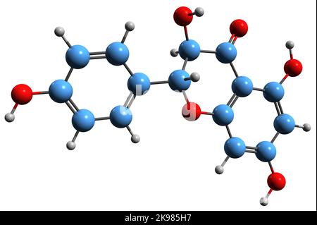 3D Bild der Aromadendrin-Skelettformel - molekulare chemische Struktur von Dihydrokaempferol isoliert auf weißem Hintergrund Stockfoto