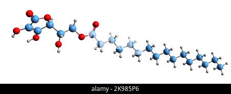 3D Aufnahme der skeletalen Formel von Ascorbyl-Palmitat - molekulare chemische Struktur von L-Ascorbinsäure 6-Hexadecanoat isoliert auf weißem Hintergrund Stockfoto