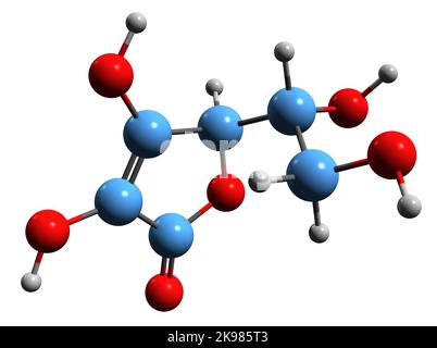 3D Bild der skelettalen Formel der Ascorbinsäure - molekularchemische Struktur von Vitamin C auf weißem Hintergrund isoliert Stockfoto