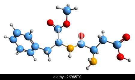 3D Bild der Skelettformel von Aspartam - molekulare chemische Struktur des künstlichen nicht-sacchariden-Süßstoffes Methyl auf weißem Hintergrund isoliert Stockfoto