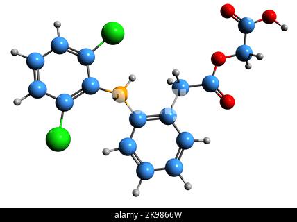 3D Bild der Skelettformel von Aceclofenac - molekulare chemische Struktur eines nichtsteroidalen entzündungshemmenden Medikaments, isoliert auf weißem Hintergrund Stockfoto