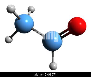 3D Bild der Acetaldehyd-Skelettformel - molekularchemische Struktur von Ethylaldehyd isoliert auf weißem Hintergrund Stockfoto