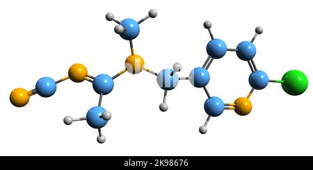 3D Bild von Acetamiprid Skelettformel - molekulare chemische Struktur des Neonicotinoid-Insektizids isoliert auf weißem Hintergrund Stockfoto