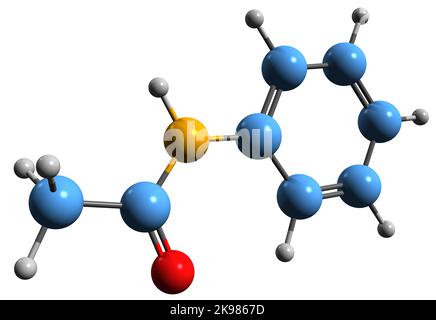 3D Bild der Skelettformel von Acetanilid - molekulare chemische Struktur von N-Phenylacetamid auf weißem Hintergrund isoliert Stockfoto