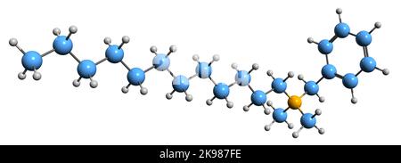 3D Bild der Skelettformel von Benzalkoniumchlorid - molekulare chemische Struktur von Alkyldimethylbenzylammoniumchlorid auf weißem Hintergrund isoliert Stockfoto