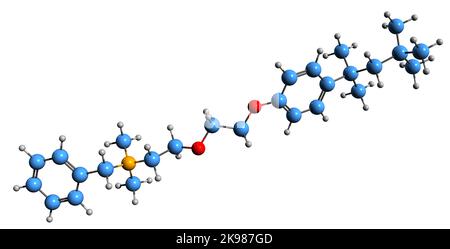 3D Bild der Skelettformel von Benzethoniumchlorid - molekularchemische Struktur des synthetischen quaternären Ammoniumsalzes auf weißem Hintergrund isoliert Stockfoto