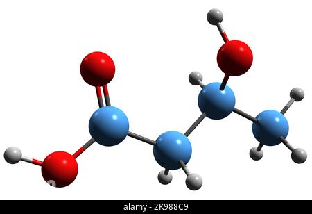 3D Bild der Skelettformel der Beta-Hydroxybutysäure - molekulare chemische Struktur der 3-Hydroxybutansäure, isoliert auf weißem Hintergrund Stockfoto
