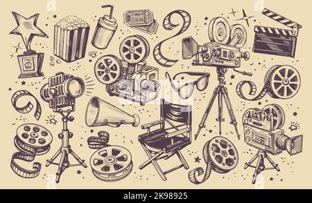 Filmkollektion. Retro-Konzept der Filmindustrie. Setzen Sie Elemente auf das Thema Kino. Vintage-Vektorgrafik Stock Vektor