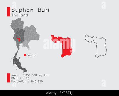 Eine Reihe von Infografik-Elementen für die Provinz Suphan Buri Position in Thailand. Und Region Distrikt Bevölkerung und Gliederung. Vektor mit grauem Hintergrund Stock Vektor