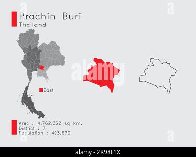 Eine Reihe von Infografik-Elementen für die Provinz Prachin Buri Position in Thailand. Und Region Distrikt Bevölkerung und Gliederung. Vektor mit grauem Backgroun Stock Vektor