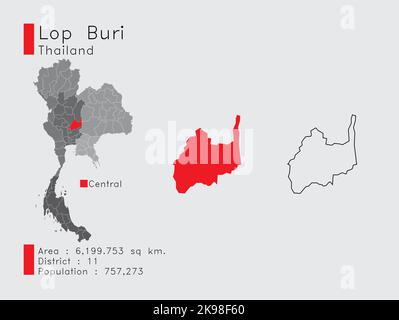 Eine Reihe von Infografik-Elementen für die Provinz Lop Buri Position in Thailand. Und Region Distrikt Bevölkerung und Gliederung. Vektor mit grauem Hintergrund. Stock Vektor