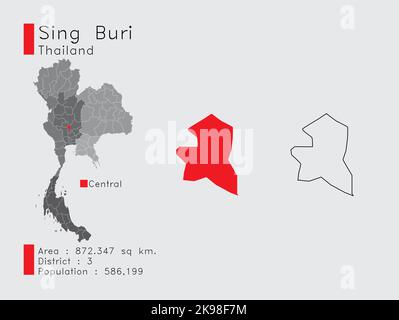 Eine Reihe von Infografik-Elementen für die Provinz Sing Buri Position in Thailand. Und Region Distrikt Bevölkerung und Gliederung. Vektor mit grauem Hintergrund. Stock Vektor