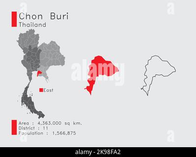 Eine Reihe von Infografik-Elementen für die Provinz Chon Buri Position in Thailand. Und Region Distrikt Bevölkerung und Gliederung. Vektor mit grauem Hintergrund. Stock Vektor