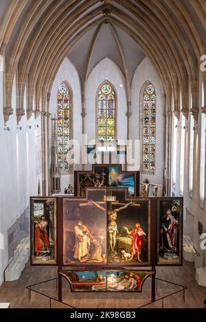 Das Isenheimer Altarbild im Unterlinden Museum - (französisch: Musée Unterlinden) befindet sich in Colmar, im Elsass in Frankreich Stockfoto