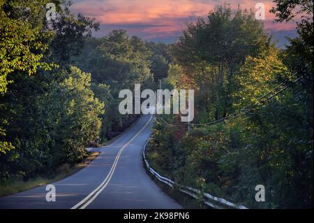 Wells, Maine, USA. Frühe Anzeichen des Herbstes beginnen, in den Bäumen entlang eines schmalen, leeren Streifens der Autobahn im südlichen Maine zu erscheinen. Stockfoto